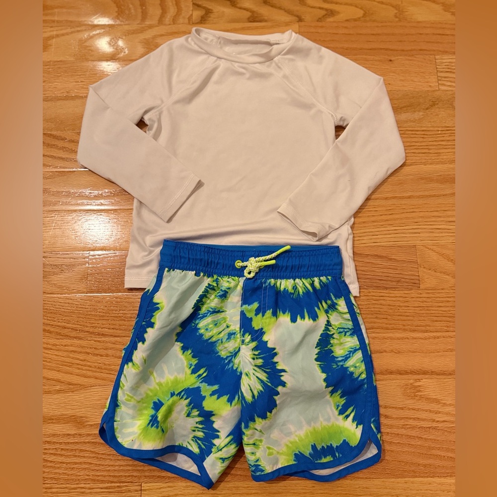 White Rash Guard and Blue Tie-Dye Swim Shorts